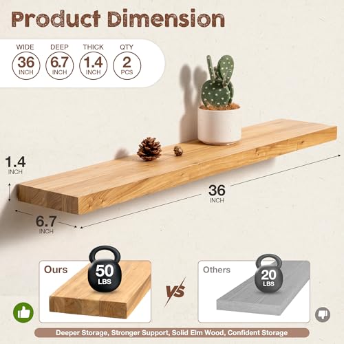 fuqing Floating Shelves for Wall, 36 Inch Rustic Solid Elm Wood Shelves - color: Natural Elm Flat Edge - 6.7"d, size: 36"L - 2Packs