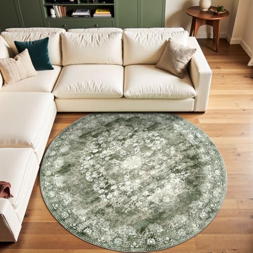 jinchan 6ft Vintage Floral Round Rug, Circle Washable Rug, Forest Green - color: Forest Green, size: 6' (Round)