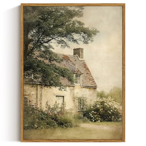 ARPEOTCY Vintage Framed Canvas Wall Art, 12x16inch, Farmhouse Countryside Wall Decor, Cottagecore Art Prints Home Decorations, Cottage Landscape Paintings for Living Room Bedroom Shelf Decor - color: Cottage, size: 16"L x 12"W