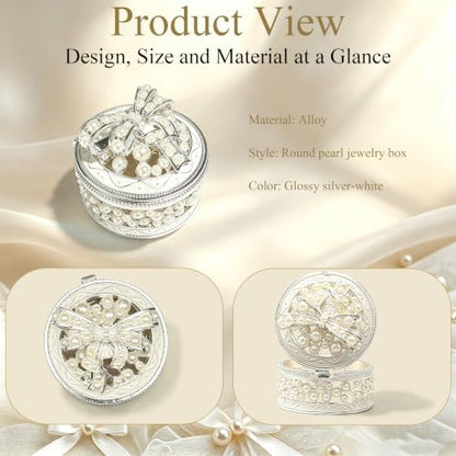 Metal Enamel Pearl Bow Jewelry Box Mini Trinket Storage Gift for Jewelry - color: Round