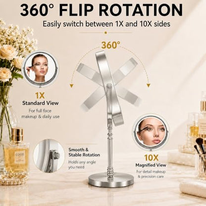 DEIOVWXS Makeup Mirror, Rechargeable Vanity Mirror with 3 Lights, 1X/10X - color: Nickel