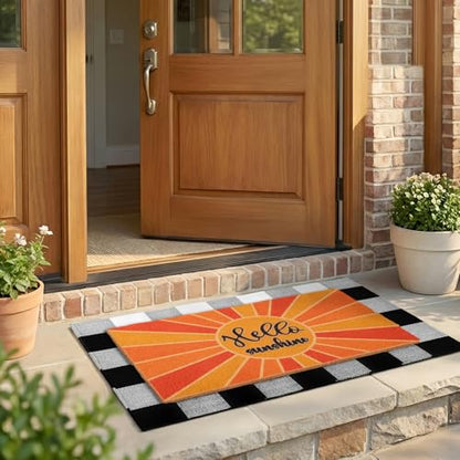 2-Piece Layered Welcome Mat Set - Coir Doormat & Buffalo Plaid Rug - color: Yellow Sunshine