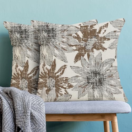 BETGINY Grey Brown Pillow Covers 18x18, Gray Vintage Sunflower Outdoor Decorative Throw Pillows for Couch, Retro Floral Decor Cushion Cover 2 Pcs Soft Farmhouse Square Pillowcase for Bed Safa - color: Grey Brown, size: 18" x 18" (Pack of 2)