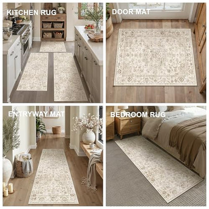 Washable Neutral Beige Kitchen Runner Rug Set of 3 - color: Neutral | Beige, size: 20"x32"+20"x48"+20"x59"