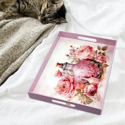 Serving Tray with Handles, 15.7 * 11.8 inches, Plastic Ottoman Tray with Exquisite Paintings, Trays for Coffee Table - color: Pink Vase