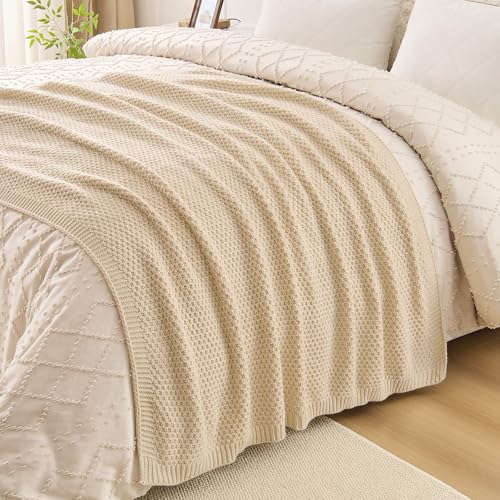 Beige Throw Blanket, Moss Knit, 60" x 80", Ivory Beige - color: Moss-beige, size: 60"x80"