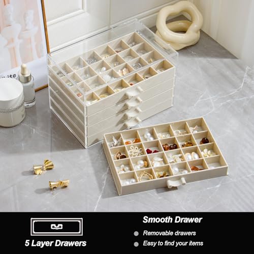 YUFONG Earring Storage Box Organizer 5 Drawers with 120 Small Compartments - color: Beige