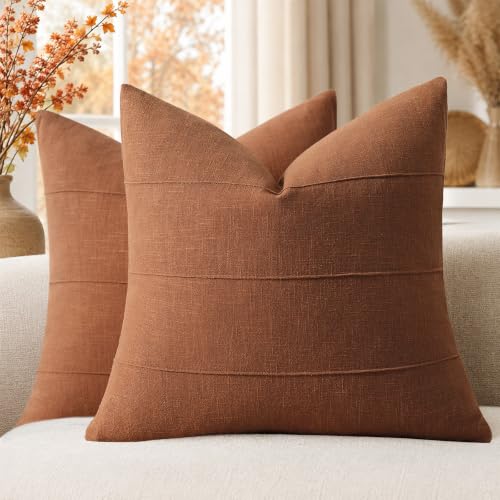 ZWJD Decorative Linen Throw Pillow Covers 22x22 Set of 2 Solid Handcrafted Striped Throw Pillows for Bed Soft Modern Farmhouse Neutral Pillowcase for Couch Bedroom Living Room Home Decor(Rust) - color: Rust, size: 22" x 22" (Pack of 2)