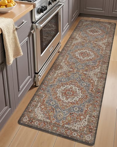 LUMI Kitchen Floor Mat Cushioned Anti Fatigue Runner Rug, 24"x59" - color: Rust Red & Blue, size: 59"L x 24"W x 0.4"Th