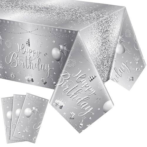 Tudomro 3 Pcs Plastic Happy Birthday Party Tablecloths,Silver - color: Silver