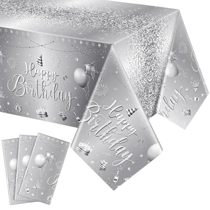 Tudomro 3 Pcs Plastic Happy Birthday Party Tablecloths,Silver - color: Silver