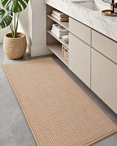 Color&Geometry Beige 47x17 Waffle Bath Mat, Rubber Non Slip Bathroom Rug - color: Beige, size: 17"x48"