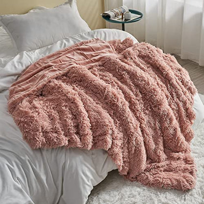 GONAAP Fuzzy Faux Fur Queen Blanket for Couch, Pink, 90"x90" - color: Pink, size: Queen(90"x90")
