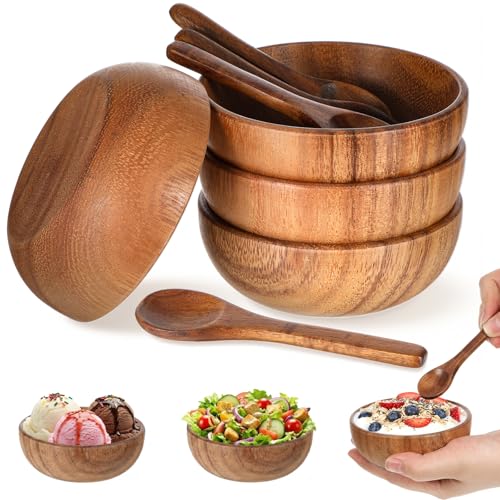 4 Pack Acacia Wooden Bowl with 4 Pcs Spoon 2.5 oz Wooden Dipping Bowls Round Wood Salad Hand Carved Calabash Dip Tray for Condiments, Jam, Nuts, Appetizer, Snack, Yogurt, Ketchup, Barbecue (3.9 Inch) - size: 3.9 Inch