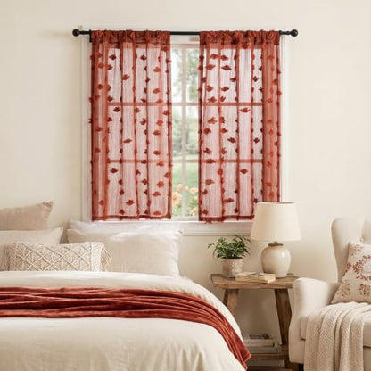 MYSKY HOME Terracotta Boho Sheer Curtains with Pom Pom 36Wx54L,2 Panels - color: Terracotta, size: 36"W x 54"L (Pack of 2)