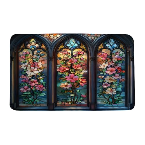 Stained Glass Bath Mat Abstract Arched Window Antique Fantasy Boho Plant Floral Elegant Ornate Symmetric Vintage Artistic Bathroom Rugs Indoor Carpet Bathtub Rug 24 x 59 Inch - size: 2' x 4'11" (Rectangular)
