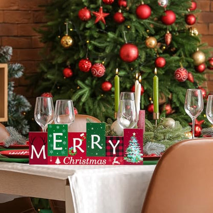 Christmas Table Decorations Wooden Winter Table Centerpieces Merry Christmas Reversible Double-sided Pattern Sign Standing Tabletop Merry for Holiday Office Desk Party Shelf Farmhouse