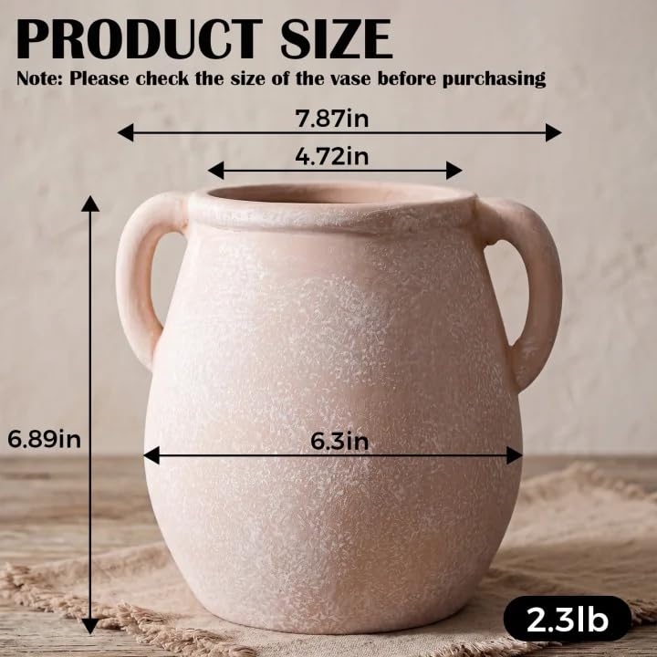 Ceramic Flower Vase Home Decor - 7 inch Farmhouse Rustic Vase Decorative Pottery Terracotta Vases for Living Room House Book Shelf Office Coffee Desk Dining Fireplace Wedding Centerpiece - size: 6.89'' Tall