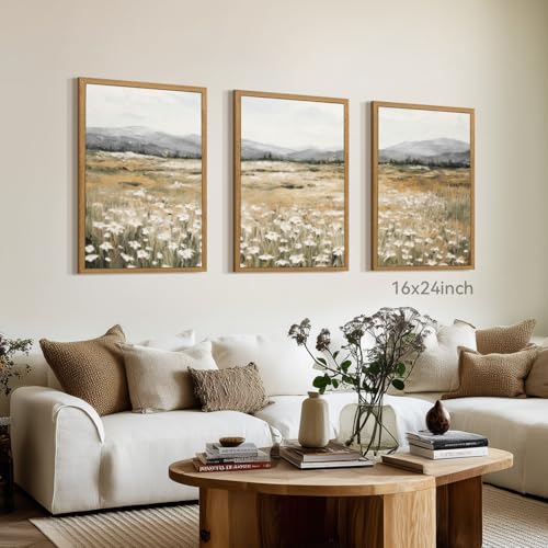 CAZLOUC White Wildflowers Wall Art Set of 3, Neutral Meadow Landscape Wall Decor, Minimalist Mountain Canvas Prints, Beige Rustic Field Paintings for Living Room Bedroom Wood Framed 20x30 Inch - color: Wildflower, size: 30"L x 20"W