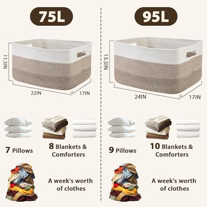 Optish 75L Large Woven Blanket Basket, Storage Basket with Handles - color: White & Mix Brown, size: 22" x 17" x 11.5"(75L)