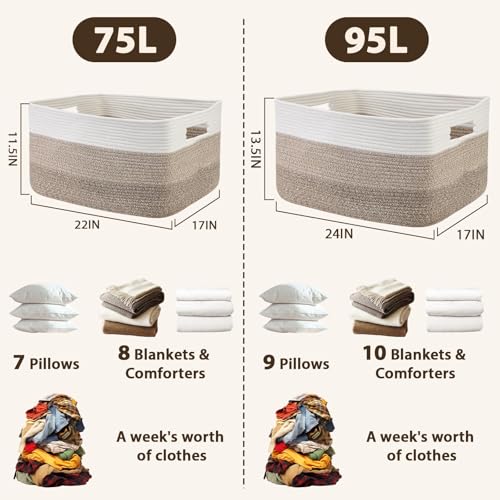 Optish 95L Large Woven Blanket Basket, Cotton Rope Laundry Basket, Brown - color: White & Mix Brown, size: 24" x 17" x 13.5"(95L)