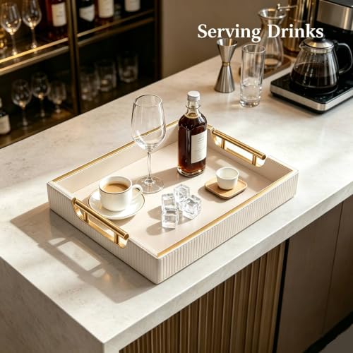16''x12'' Leather Coffee Table Serving Tray with Gold Handle(Large White) - color: White
