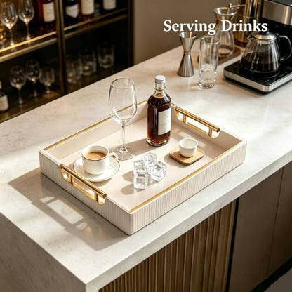 16''x12'' Leather Coffee Table Serving Tray with Gold Handle(Large White) - color: White