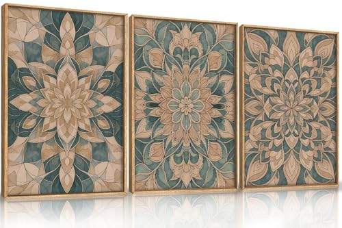 HLNIUC Mandala Boho Framed Canvas Wall Art, Vintage Green Abstract Flower Decor, Scandinavian Botanical Artwork Set of 3(16x24), Southwestern Mexican Bohemian Prints for Living Room, Bedroom, Office - color: Mandala, size: 16"L x 24"W