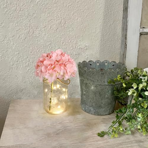 Set of 3 Mason Jar Lights, Pink Hydrangea Holiday Table Decor - color: Jar-pink Hydrangea