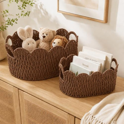 Endymion Set of 2 Paper Rope Scalloped Basket, Wicker Storage Baskets - color: Coffee