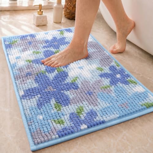 Miss Adola Soft Chenille Cute Bathroom Rug, Blue Floral, 16x24 Inch - color: Blue Floral, size: 1'4" x 2' (Rectangular)