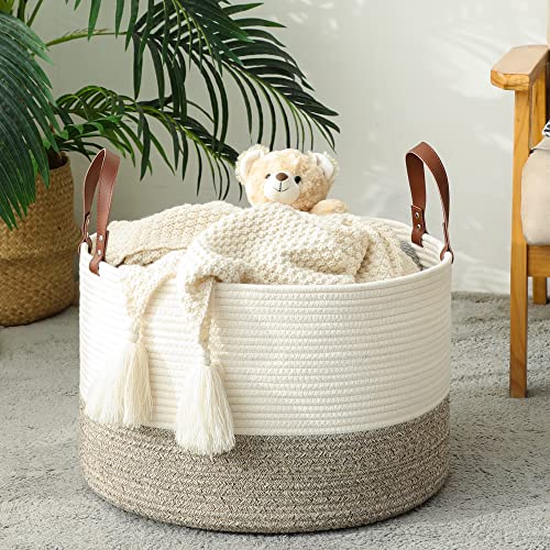 KAKAMAY Large Blanket Basket (20"x13"),Woven Baskets for storage Baby Laundry Hamper,Cotton Rope Blanket Basket for Living Room, Laundry, Nursery, Pillows, Baby Toy chest (White/Beige) - color: Cream and Beige