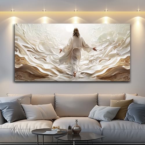 XIGUANGART Jesus Walking on Water Canvas Wall Art Christian Spiritual Wall Decor Baptism Gifts for Boys-Girl,Christian Gifts for Pastor,Teachers,Religious Pictures for Living Room Church Prayer Room - color: Jesus Painting, size: 48"L x 24"W