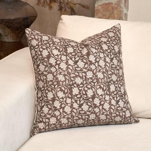 DOMVITUS Floral Pillow Covers 18x18, Throw Pillows for Couch, Block Print Pillow Cover, Decorative Neutral Accent Throw Pillow Covers for Living Room, 1PC, Brown - color: Brown, size: 18" x 18" (Pack of 1)