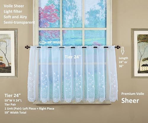 Today's Curtain, Sorento Embroidered Sheer Tier 24", White, 59" W x 24" L