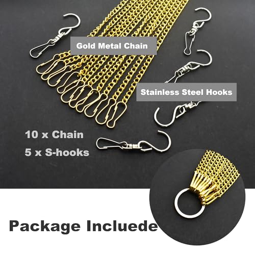 10 Pcs Fine Hanging Chain(1.2mm Dia.) Small Hang Bracket Decorative Replacement Link Chains Hooks for Sign Planter Bird Feeders,4 inch Long Gold Metal Chains and 5 Pcs Swivel S-Hooks - color: Gold, size: 4in-10Pcs