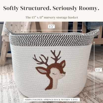 Deer Baby Storage Basket, Woven Cotton Rope Nursery Bin, 15x11 in - color: Deer