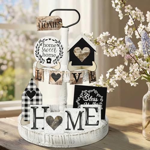 Smile 13pcs Indoor Wooden Decor, Love Home Sweet Home, Rustic Farmhouse Tiered Tray Set Home Decor for Kitchens (Without Trays) - style: Classic
