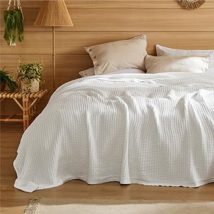 Bedsure 100% Cotton Blanket, Waffle Weave, Full Size, White, 80"x90" - color: 01 White, size: Full (80" X 90")