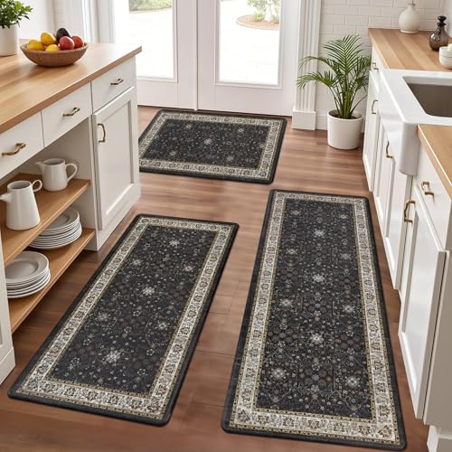 Pauwer Anti Fatigue Kitchen Floor Mats Set of 3, Cushioned Rugs, Black - color: Black