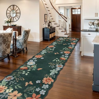Lahome Floral Hallway Runner Rug Non Slip, 2'6''x10' Soft Washable Runners - color: Dark Green, size: 2.6' x 10'(Runner)
