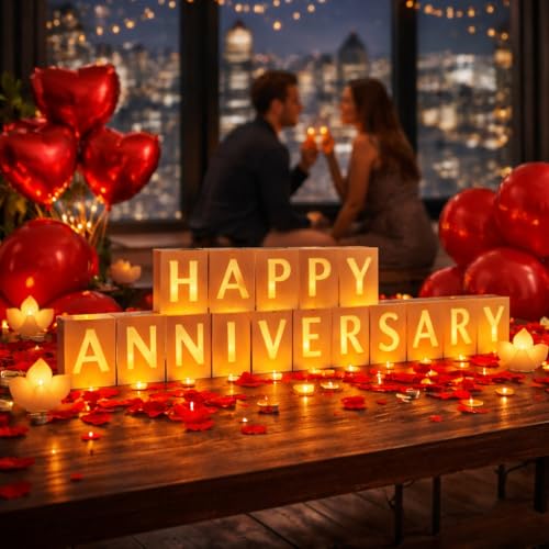 Happy Anniversary Light Up Letters, Include Light up Letters, with Tea Lights Candles, Latex Balloons, Aluminum Balloons and Rose Petals, Anniversary and Valentines' Day Decorations - style: Happy Anniversary