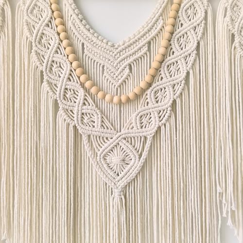 Large Macrame Wall Hanging, Boho Tapestry, 43"x32", Wood Bead Fringe - color: Beige-Wood Bead