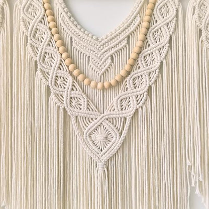 Large Macrame Wall Hanging, Boho Tapestry, 43"x32", Wood Bead Fringe - color: Beige-Wood Bead
