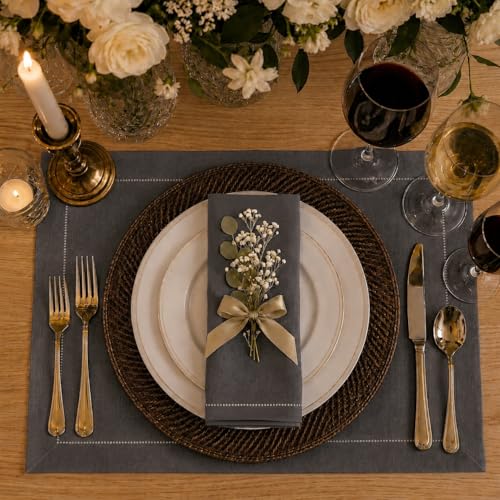 Signature Linen™ by D'Moksha, Charcoal Gray Placemats Set of 4, 14 x 19 Inch, 100% Pure Linen Table Mats, Hemstitch, Machine Washable Cloth Placemats- Fall, Weddings, Outdoor Hosting - color: Charcoal Gray, size: Set of 4 (14 X 19 Inch)