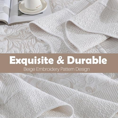 100% Cotton Oversized Bedspread Quilt Coverlet Set, 120"x120" - color: White/Beige Embroidery, size: King/Cal King(120"x120")