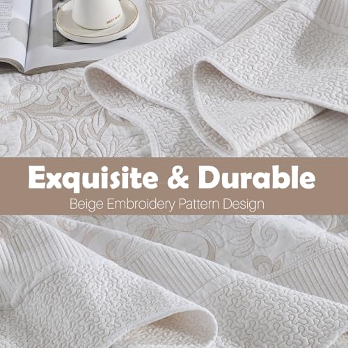 100% Cotton Oversized Bedspread Quilt Coverlet Set, 128"x120" - color: White/Beige Embroidery, size: Extra Wide Super King(128"x120")