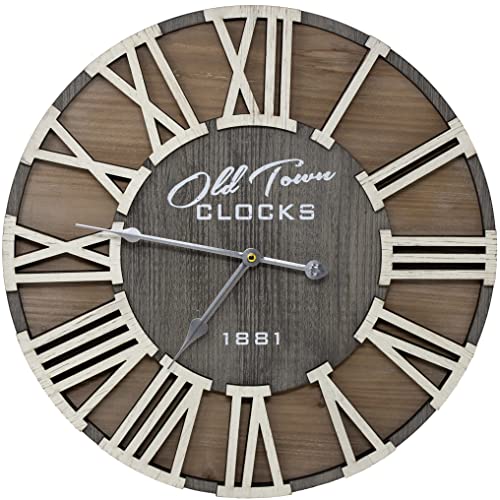 18" Rustic Farmhouse Wash Out Vintage Roman Wooden Wall Clock Silver Hands (Whitewood Lettering, 18 inch) - size: 18 inch