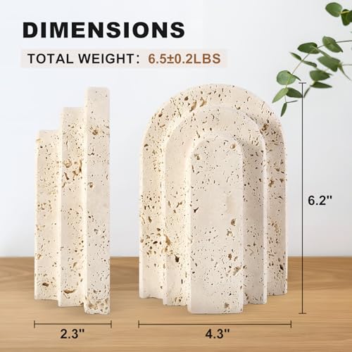 Natural Marble Book Ends - Heavy Duty Bookends for Shelves - Aesthetic Layered Arch Design Stone Book Holders, Unique Modern Office Bookshelf Stopper Decor for Books/CDs(Travertino Turkey) - style: Arched-Beige