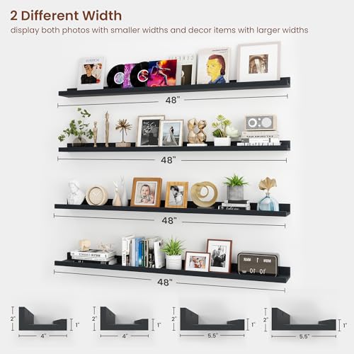 Axeman Picture Ledge Shelf, 48 Inch Black Floating Shelves Set of 4 - color: Black, size: 48 Inch